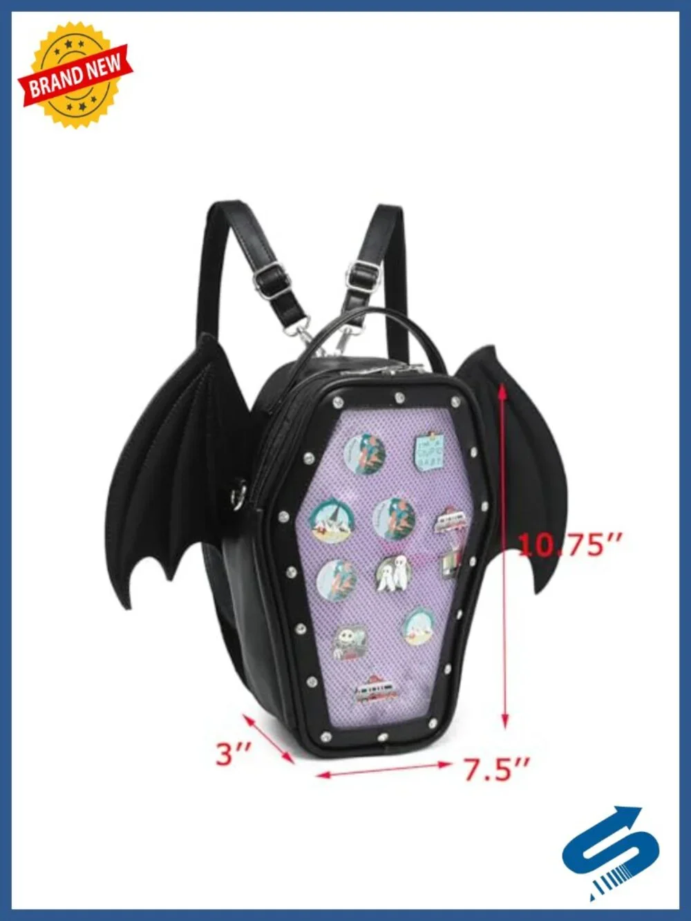 Gothic Coffin Ita Bag Backpack Shoulder Purse Faux Leather Detachable Bat Wings